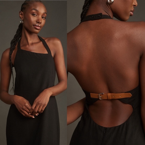 ANTHROPOLOGIE Asymmetric Black Linen Halter Dress With Buckle Back NEW - Picture 2 of 2